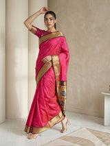 Pink Soft Silk Paithani Saree For Women Meenakari Zari Weaving Floral Motifs Traditional Wedding Saree With Brocade Blouse