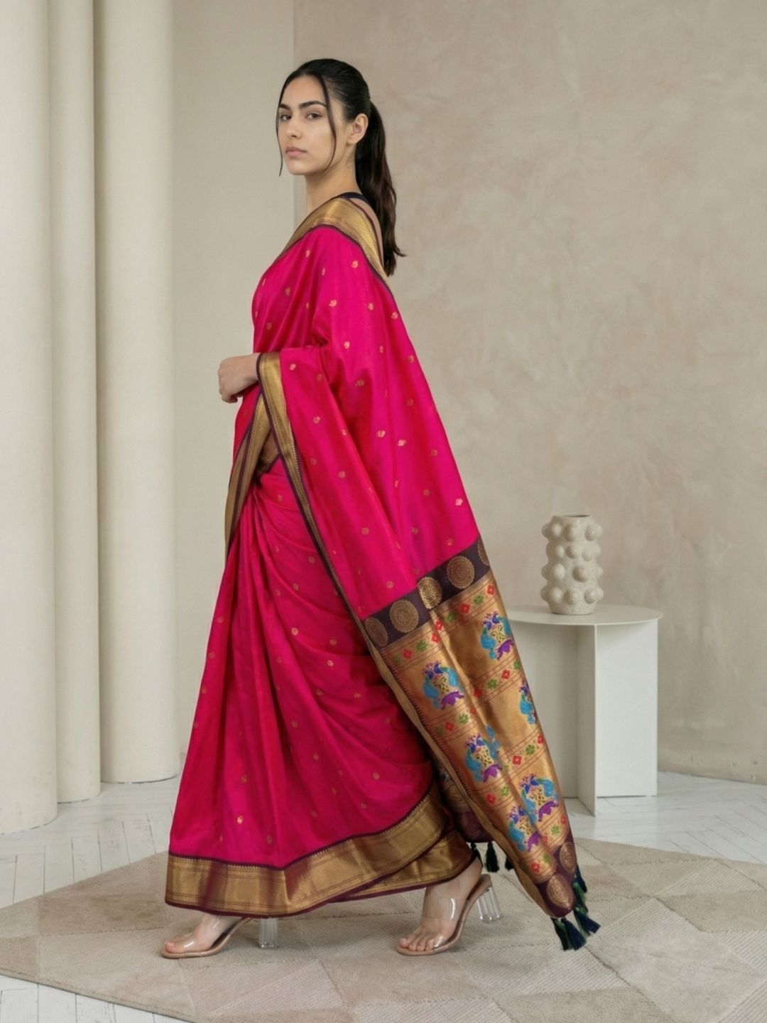 Pink Soft Silk Paithani Saree For Women Meenakari Zari Weaving Floral Motifs Traditional Wedding Saree With Brocade Blouse