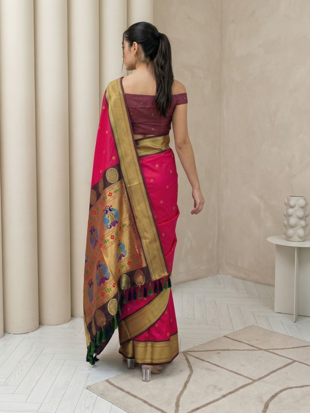 Pink Soft Silk Paithani Saree For Women Meenakari Zari Weaving Floral Motifs Traditional Wedding Saree With Brocade Blouse