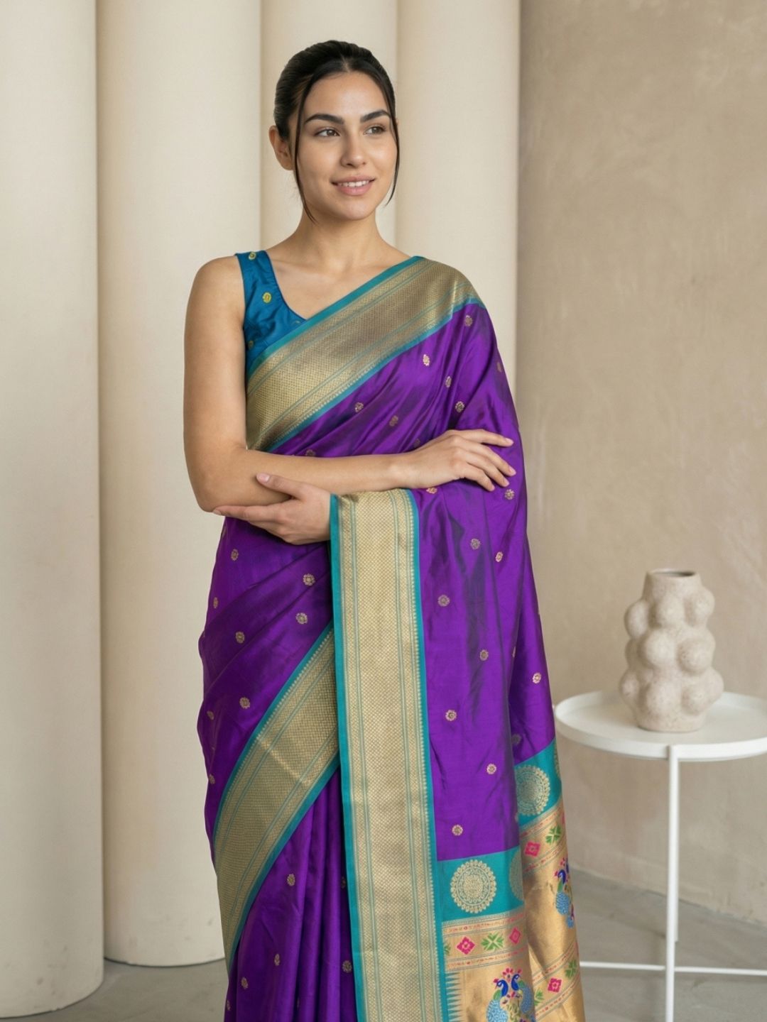 Purple Soft Silk Paithani Saree For Women Meenakari Zari Weaving Floral Motifs Traditional Wedding Saree With Brocade Blouse