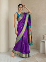 Purple Soft Silk Paithani Saree For Women Meenakari Zari Weaving Floral Motifs Traditional Wedding Saree With Brocade Blouse