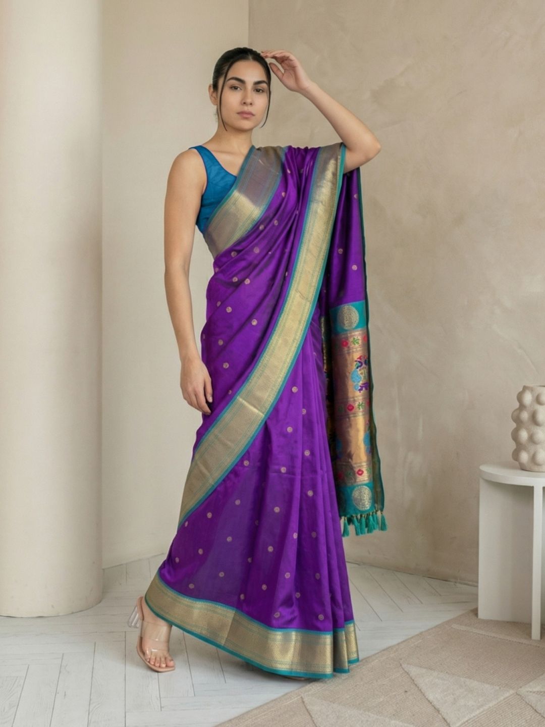Purple Soft Silk Paithani Saree For Women Meenakari Zari Weaving Floral Motifs Traditional Wedding Saree With Brocade Blouse