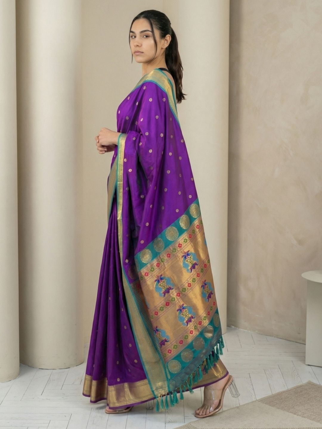 Purple Soft Silk Paithani Saree For Women Meenakari Zari Weaving Floral Motifs Traditional Wedding Saree With Brocade Blouse