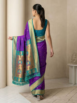 Purple Soft Silk Paithani Saree For Women Meenakari Zari Weaving Floral Motifs Traditional Wedding Saree With Brocade Blouse