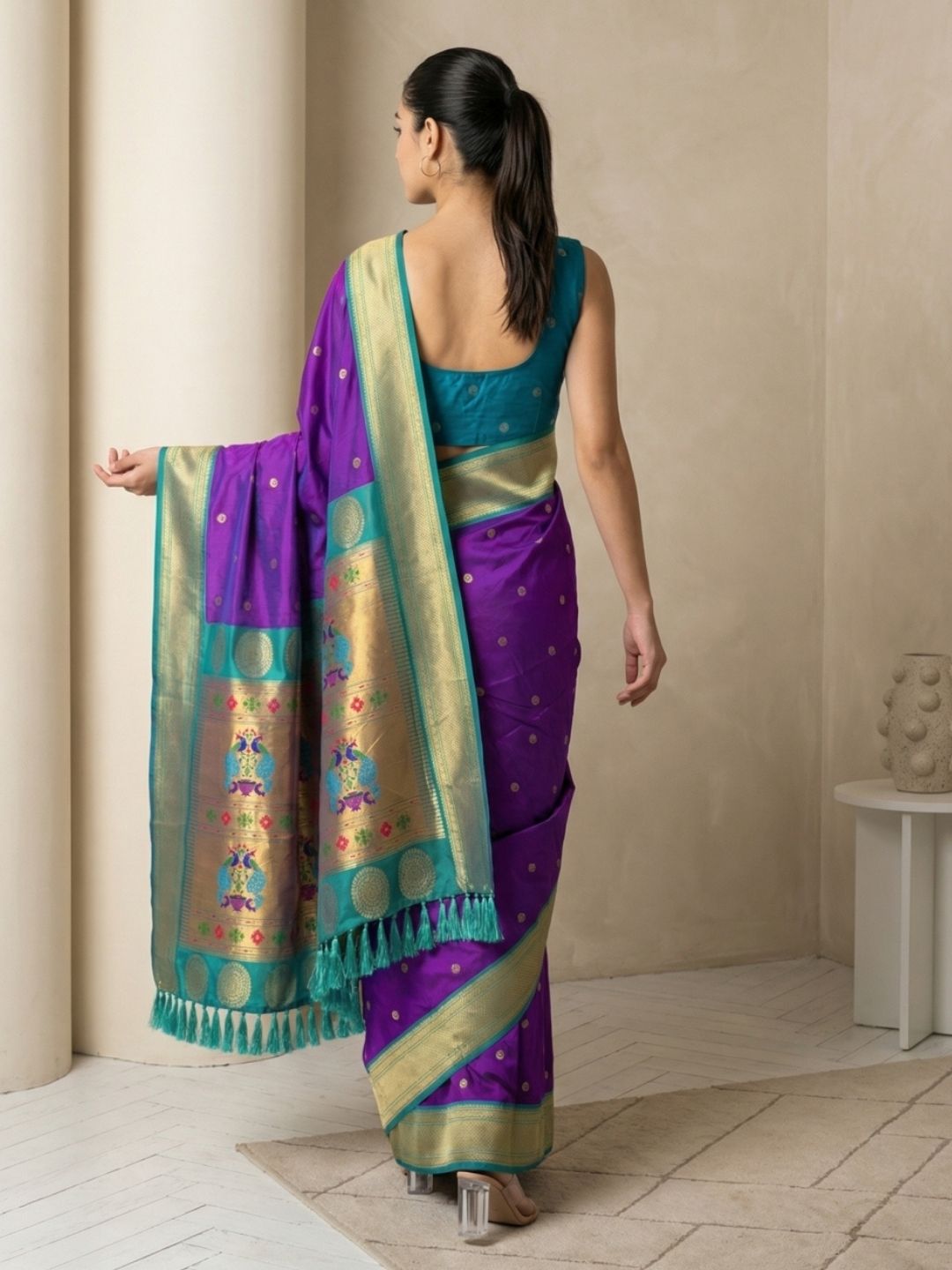Purple Soft Silk Paithani Saree For Women Meenakari Zari Weaving Floral Motifs Traditional Wedding Saree With Brocade Blouse