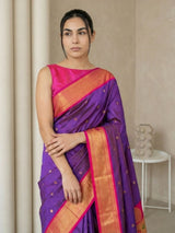 Violet Soft Silk Paithani Saree For Women Meenakari Zari Weaving Floral Motifs Traditional Wedding Saree With Brocade Blouse