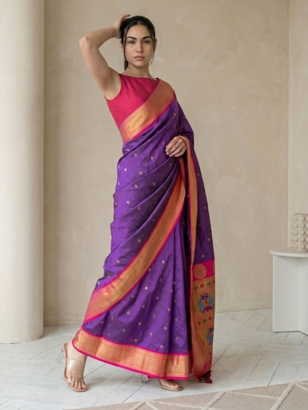 Violet Soft Silk Paithani Saree For Women Meenakari Zari Weaving Floral Motifs Traditional Wedding Saree With Brocade Blouse