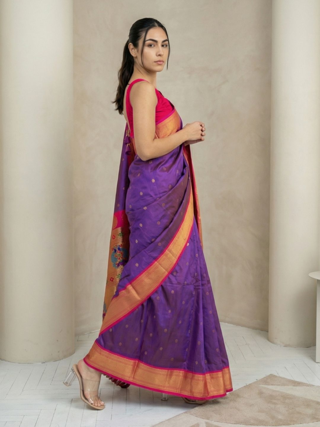 Violet Soft Silk Paithani Saree For Women Meenakari Zari Weaving Floral Motifs Traditional Wedding Saree With Brocade Blouse