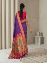 Violet Soft Silk Paithani Saree For Women Meenakari Zari Weaving Floral Motifs Traditional Wedding Saree With Brocade Blouse