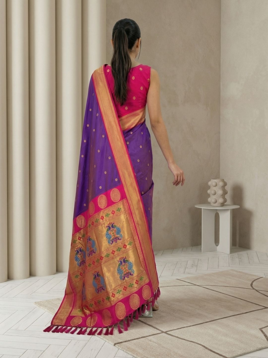 Violet Soft Silk Paithani Saree For Women Meenakari Zari Weaving Floral Motifs Traditional Wedding Saree With Brocade Blouse