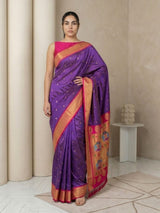 Violet Soft Silk Paithani Saree For Women Meenakari Zari Weaving Floral Motifs Traditional Wedding Saree With Brocade Blouse