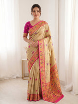 Cream Pure Soft Tissue Paithani Saree Designer Traditional Saree With Meenakari Pallu Peacock Border Zari Weaving Wedding Festive Saree