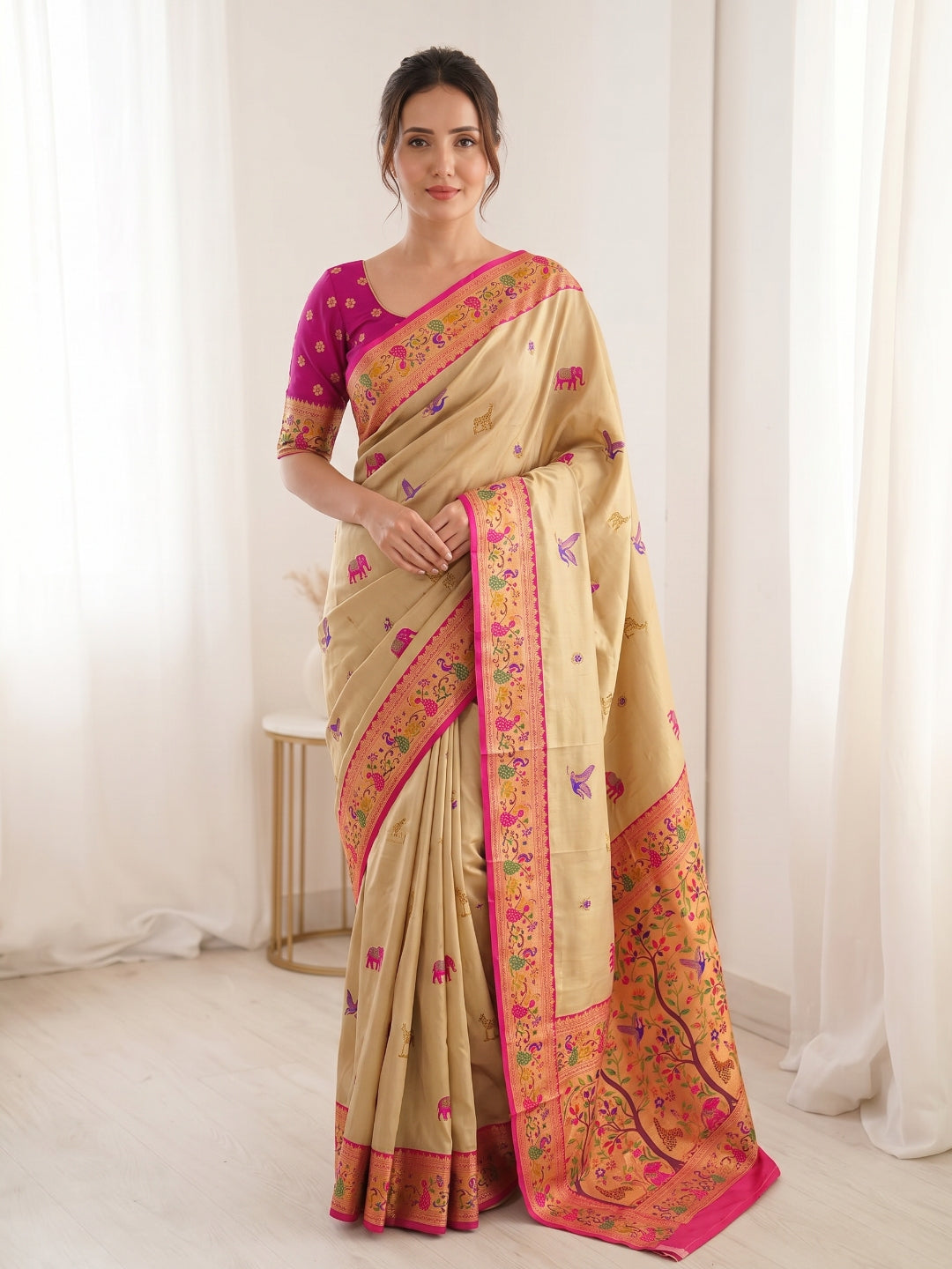 Cream Pure Soft Tissue Paithani Saree Designer Traditional Saree With Meenakari Pallu Peacock Border Zari Weaving Wedding Festive Saree