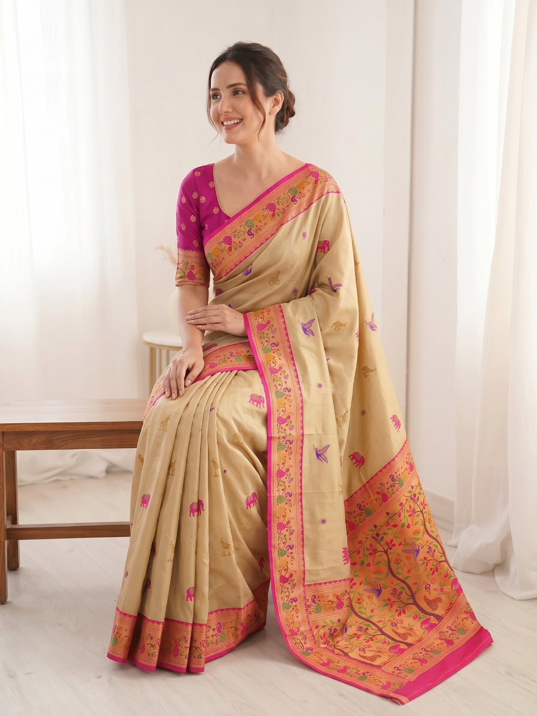 Cream Pure Soft Tissue Paithani Saree Designer Traditional Saree With Meenakari Pallu Peacock Border Zari Weaving Wedding Festive Saree