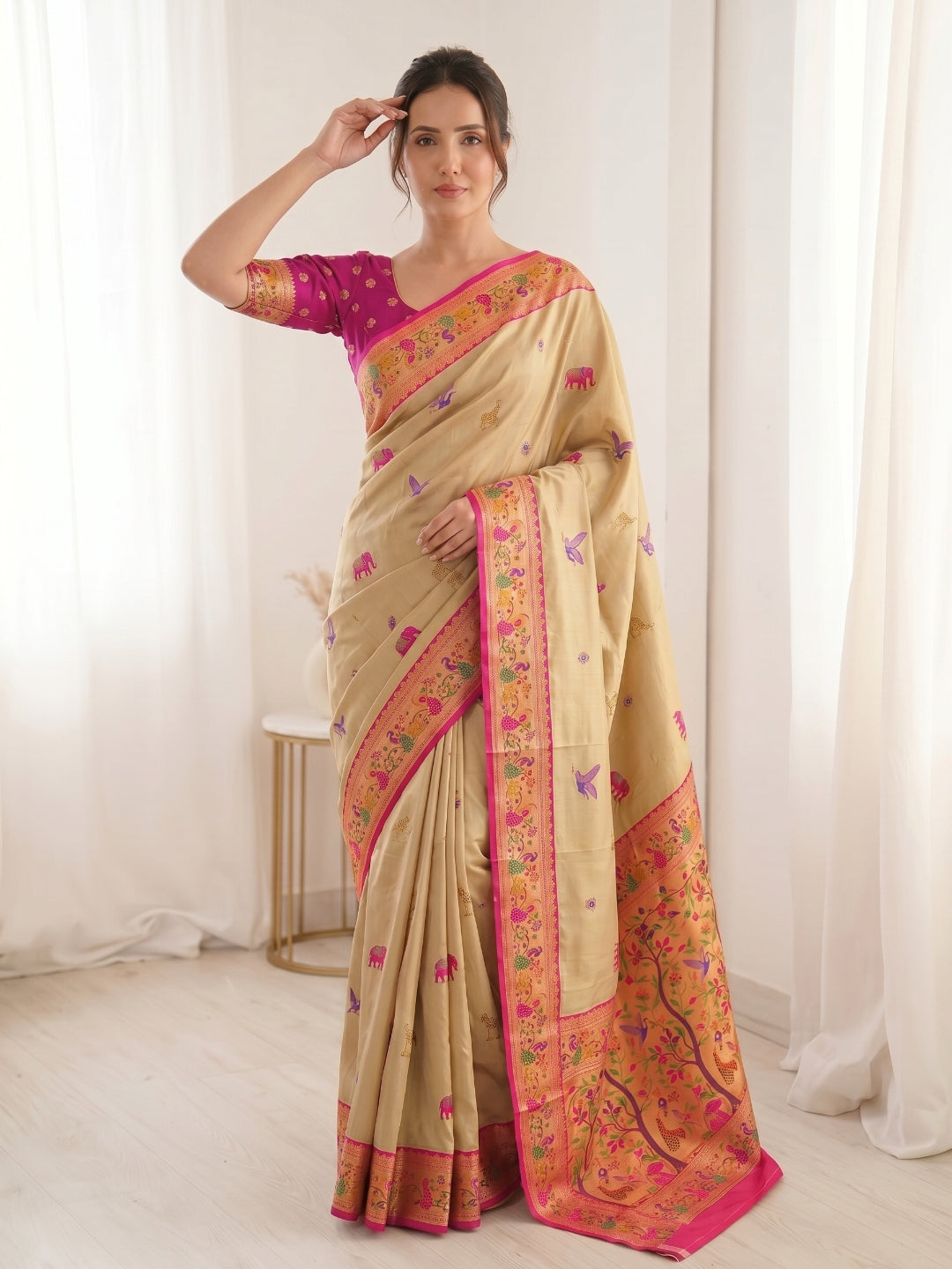 Cream Pure Soft Tissue Paithani Saree Designer Traditional Saree With Meenakari Pallu Peacock Border Zari Weaving Wedding Festive Saree