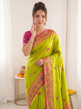 Mehendi Pure Soft Tissue Paithani Saree Designer Traditional Saree With Meenakari Pallu Peacock Border Zari Weaving Wedding Festive Saree