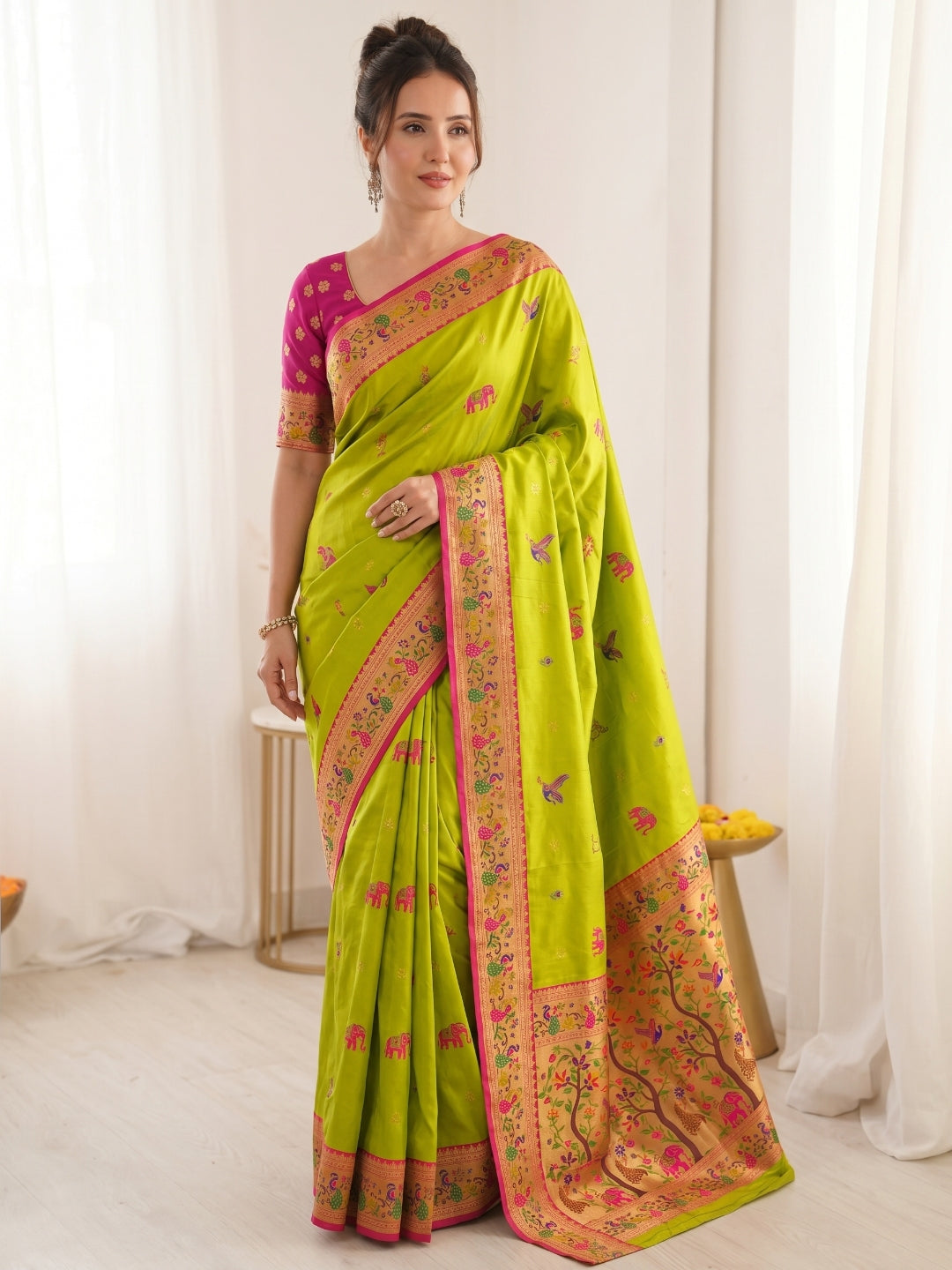 Mehendi Pure Soft Tissue Paithani Saree Designer Traditional Saree With Meenakari Pallu Peacock Border Zari Weaving Wedding Festive Saree