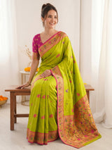 Mehendi Pure Soft Tissue Paithani Saree Designer Traditional Saree With Meenakari Pallu Peacock Border Zari Weaving Wedding Festive Saree