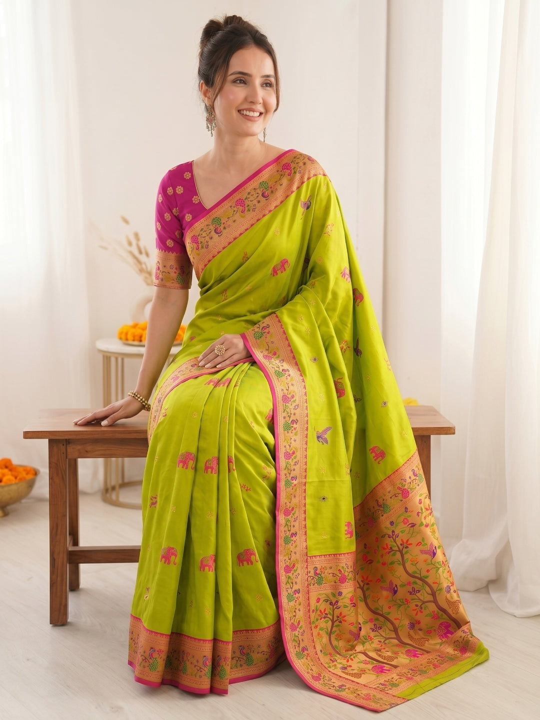 Mehendi Pure Soft Tissue Paithani Saree Designer Traditional Saree With Meenakari Pallu Peacock Border Zari Weaving Wedding Festive Saree