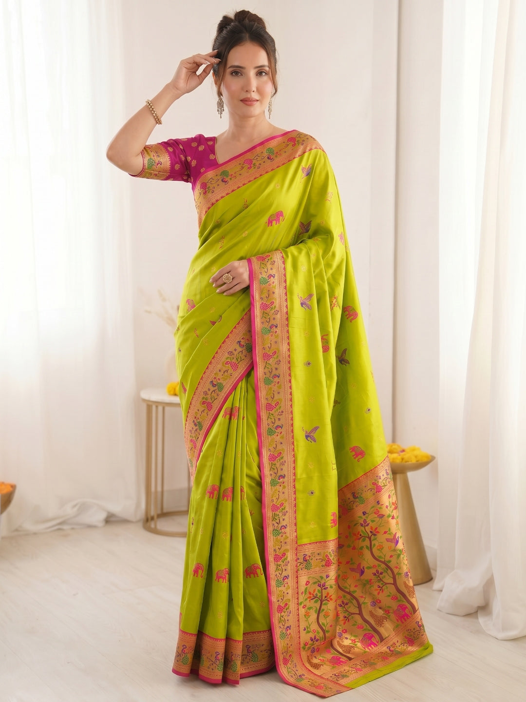 Mehendi Pure Soft Tissue Paithani Saree Designer Traditional Saree With Meenakari Pallu Peacock Border Zari Weaving Wedding Festive Saree