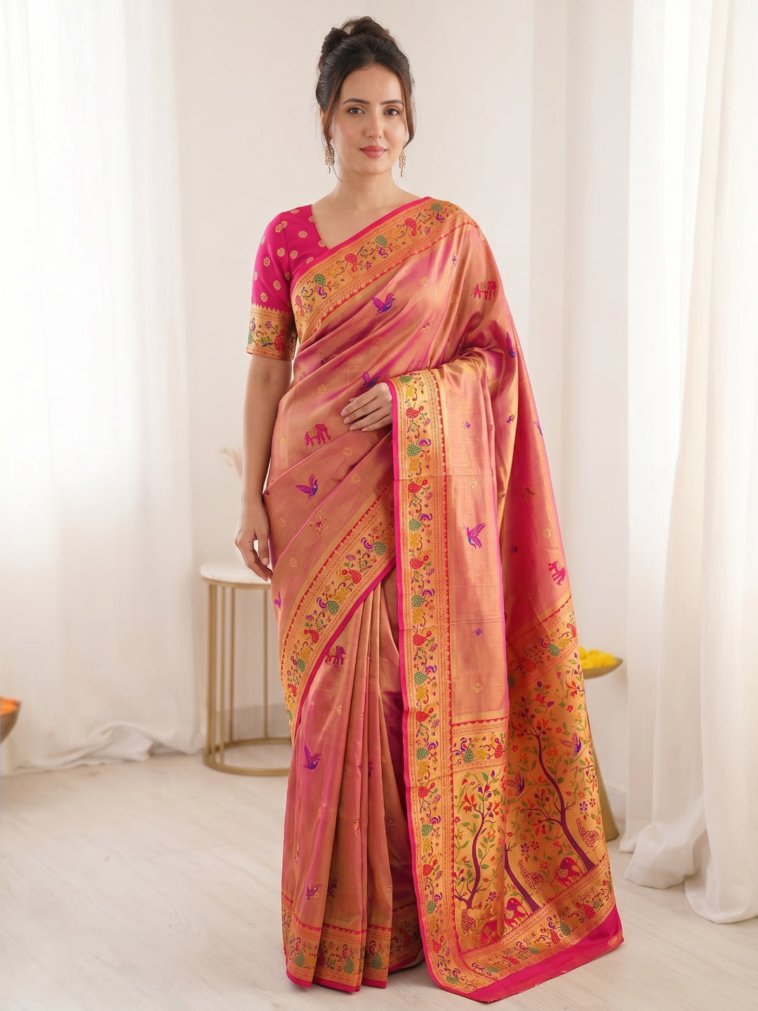 Pink Pure Soft Tissue Paithani Saree Designer Traditional Saree With Meenakari Pallu Peacock Border Zari Weaving Wedding Festive Saree
