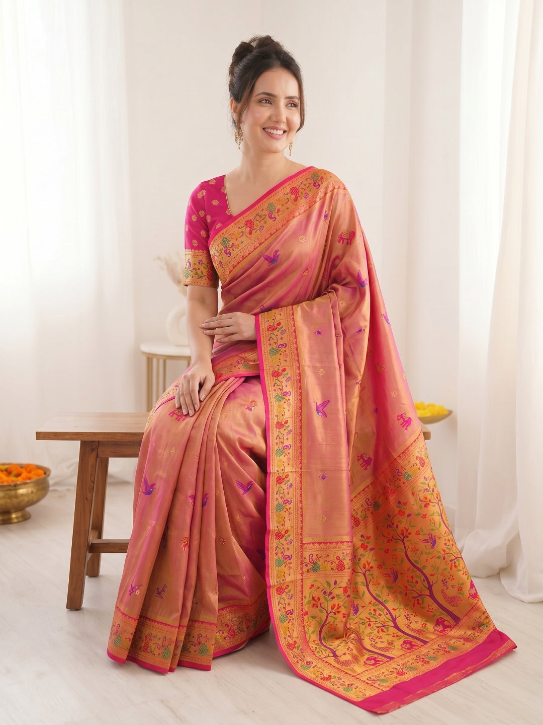 Pink Pure Soft Tissue Paithani Saree Designer Traditional Saree With Meenakari Pallu Peacock Border Zari Weaving Wedding Festive Saree