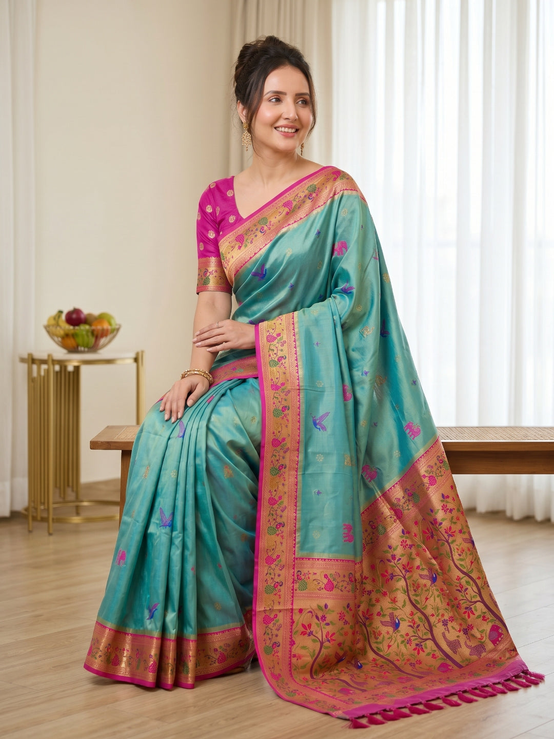 Teal Pure Soft Tissue Paithani Saree Designer Traditional Saree With Meenakari Pallu Peacock Border Zari Weaving Wedding Festive Saree