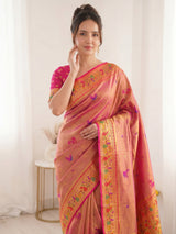 Pink Pure Soft Tissue Paithani Saree Designer Traditional Saree With Meenakari Pallu Peacock Border Zari Weaving Wedding Festive Saree