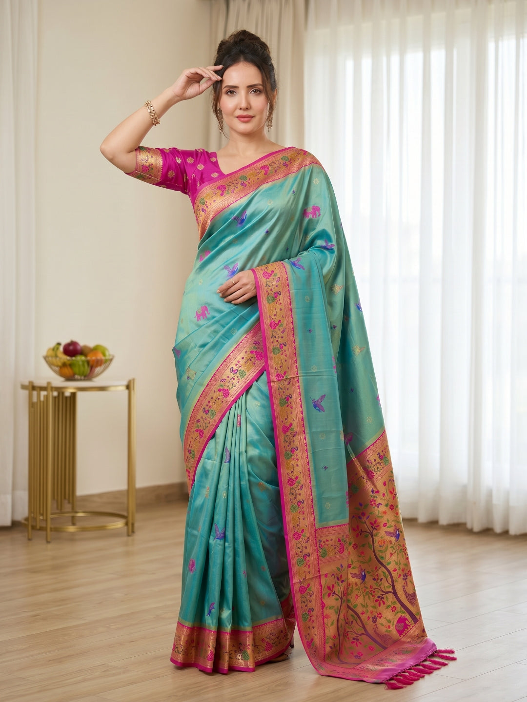 Teal Pure Soft Tissue Paithani Saree Designer Traditional Saree With Meenakari Pallu Peacock Border Zari Weaving Wedding Festive Saree