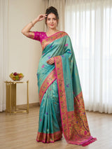 Teal Pure Soft Tissue Paithani Saree Designer Traditional Saree With Meenakari Pallu Peacock Border Zari Weaving Wedding Festive Saree