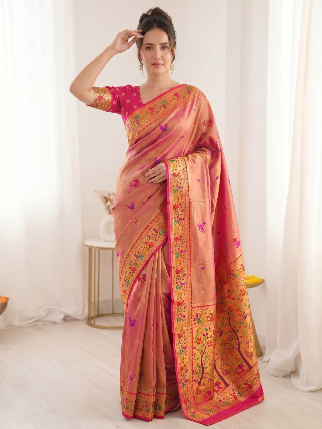 Pink Pure Soft Tissue Paithani Saree Designer Traditional Saree With Meenakari Pallu Peacock Border Zari Weaving Wedding Festive Saree