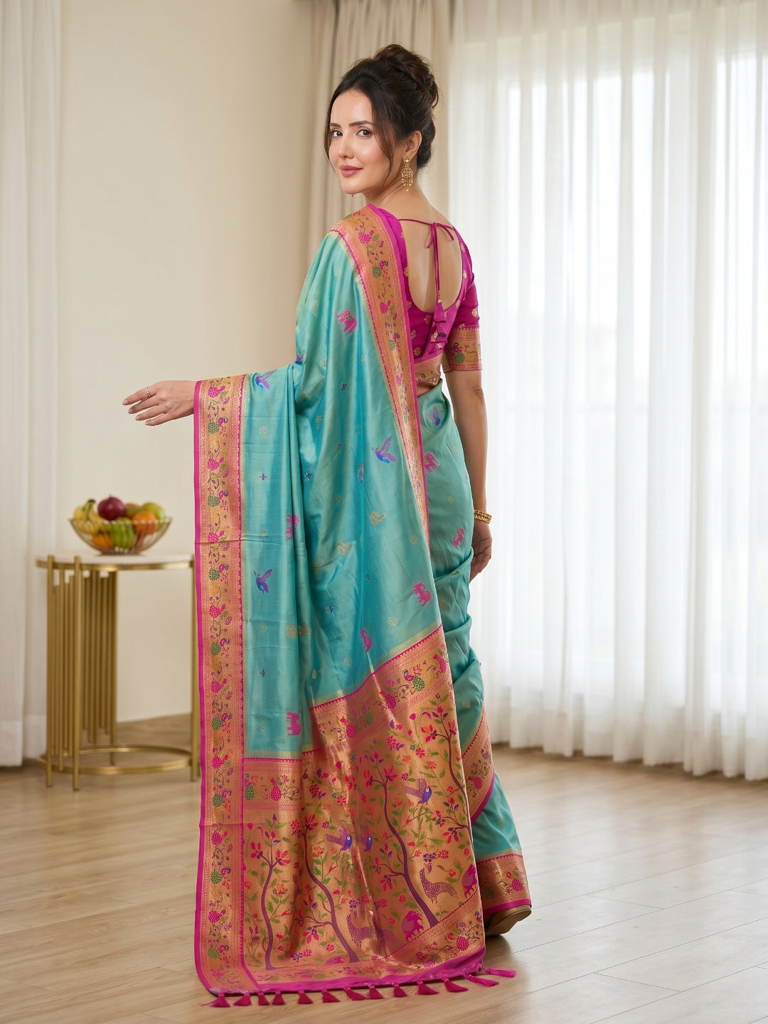 Teal Pure Soft Tissue Paithani Saree Designer Traditional Saree With Meenakari Pallu Peacock Border Zari Weaving Wedding Festive Saree