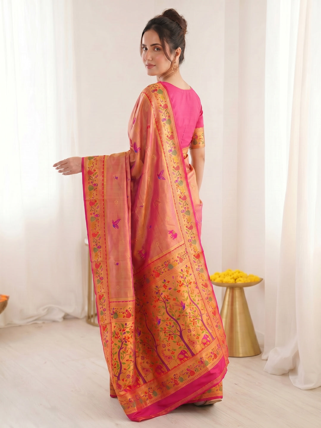 Pink Pure Soft Tissue Paithani Saree Designer Traditional Saree With Meenakari Pallu Peacock Border Zari Weaving Wedding Festive Saree