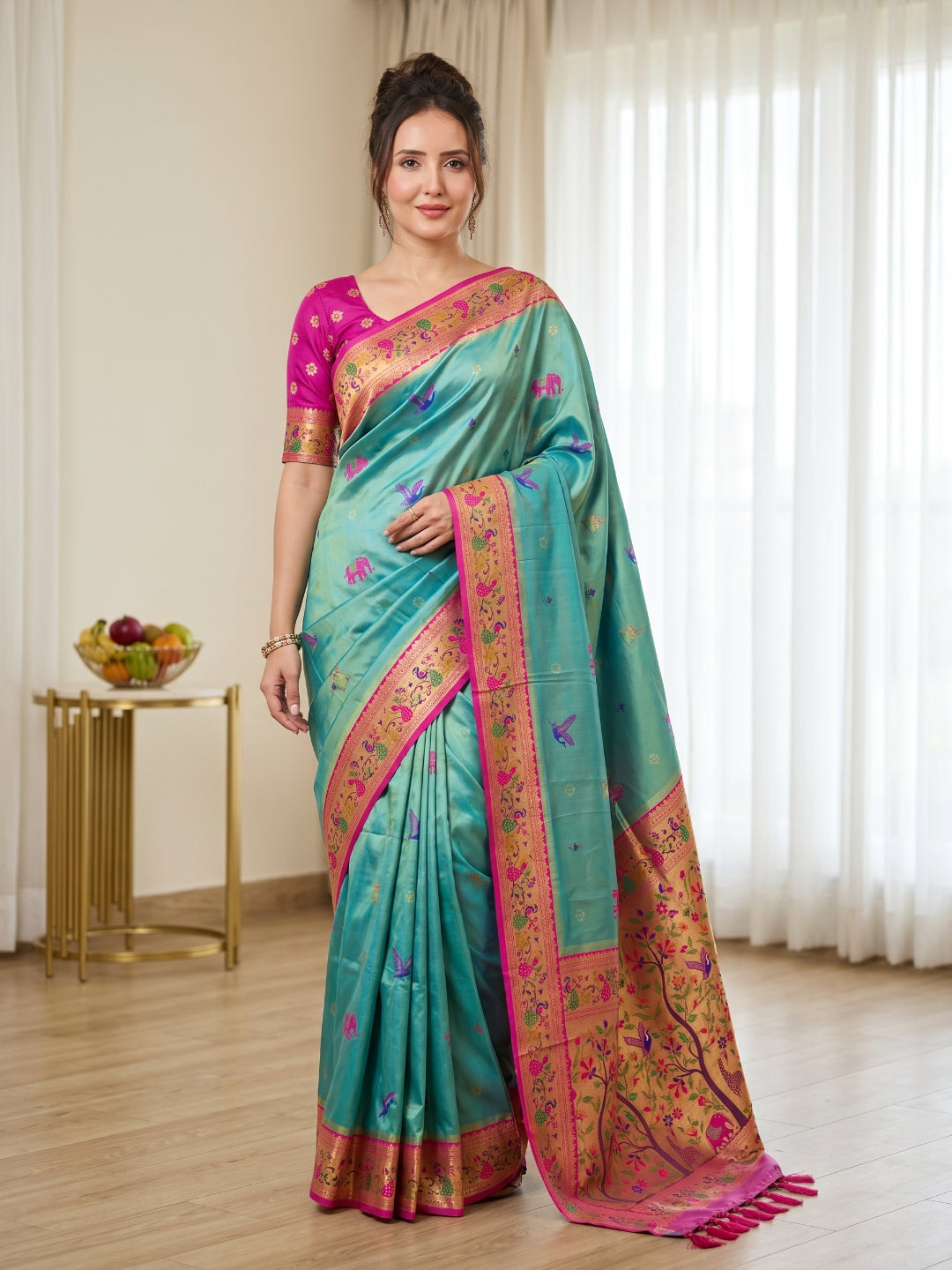 Teal Pure Soft Tissue Paithani Saree Designer Traditional Saree With Meenakari Pallu Peacock Border Zari Weaving Wedding Festive Saree