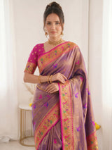 Violet Pure Soft Tissue Paithani Saree Designer Traditional Saree With Meenakari Pallu Peacock Border Zari Weaving Wedding Festive Saree