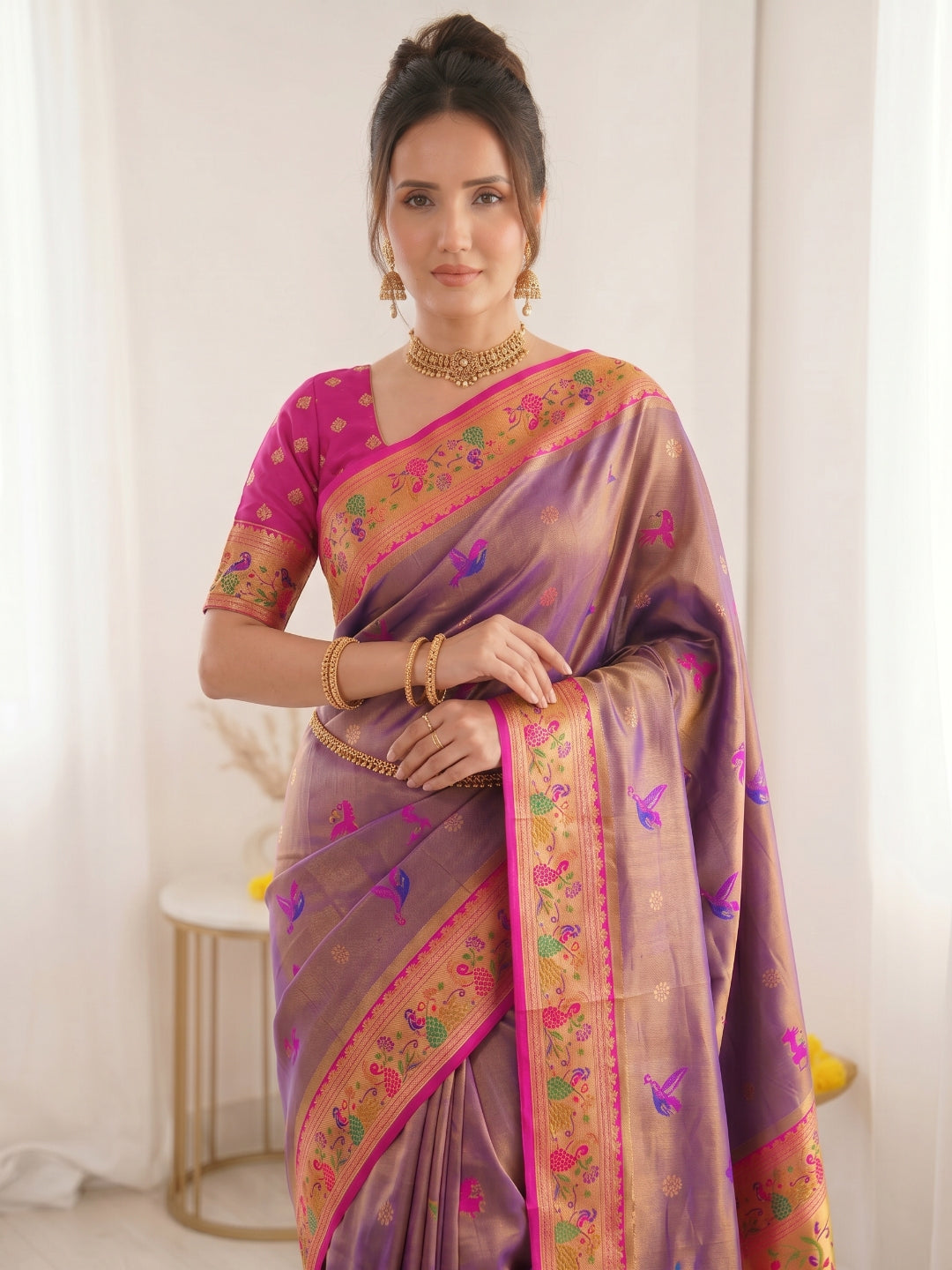 Violet Pure Soft Tissue Paithani Saree Designer Traditional Saree With Meenakari Pallu Peacock Border Zari Weaving Wedding Festive Saree