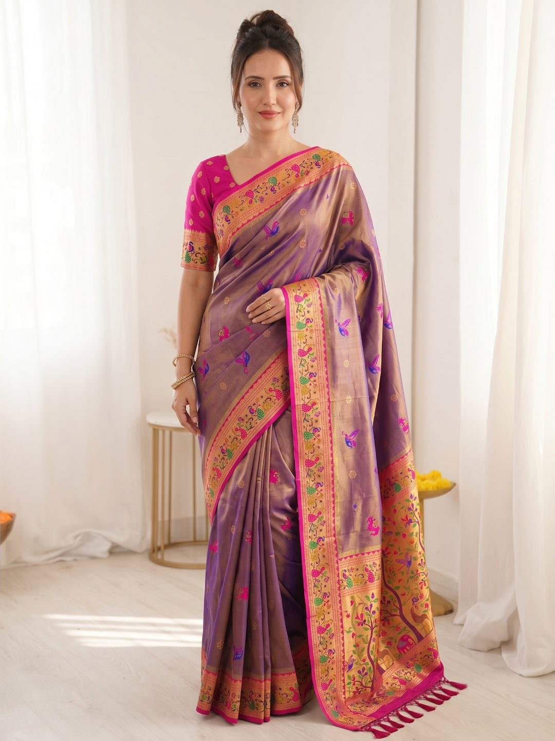 Violet Pure Soft Tissue Paithani Saree Designer Traditional Saree With Meenakari Pallu Peacock Border Zari Weaving Wedding Festive Saree