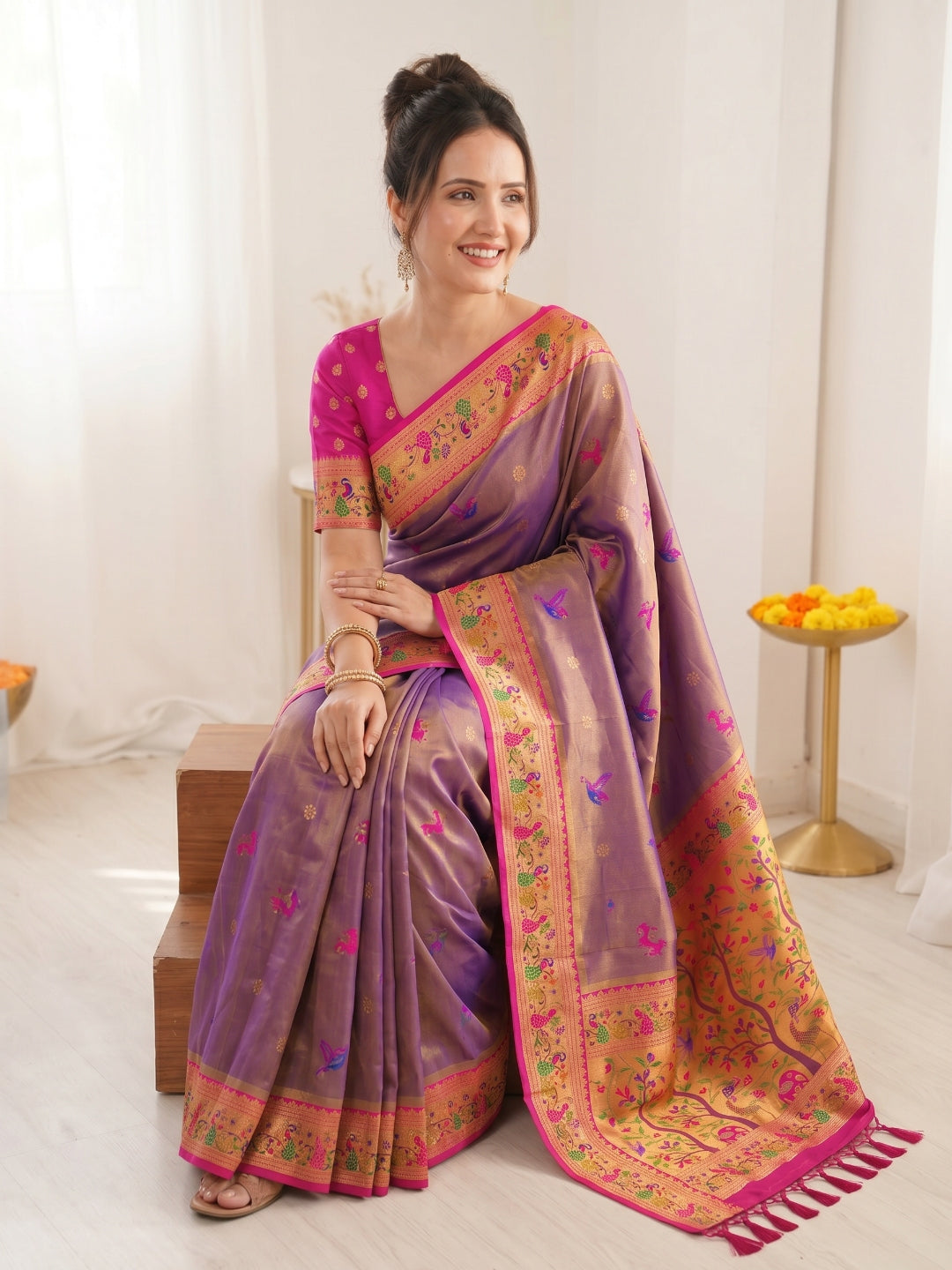 Violet Pure Soft Tissue Paithani Saree Designer Traditional Saree With Meenakari Pallu Peacock Border Zari Weaving Wedding Festive Saree