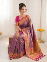 Violet Pure Soft Tissue Paithani Saree Designer Traditional Saree With Meenakari Pallu Peacock Border Zari Weaving Wedding Festive Saree