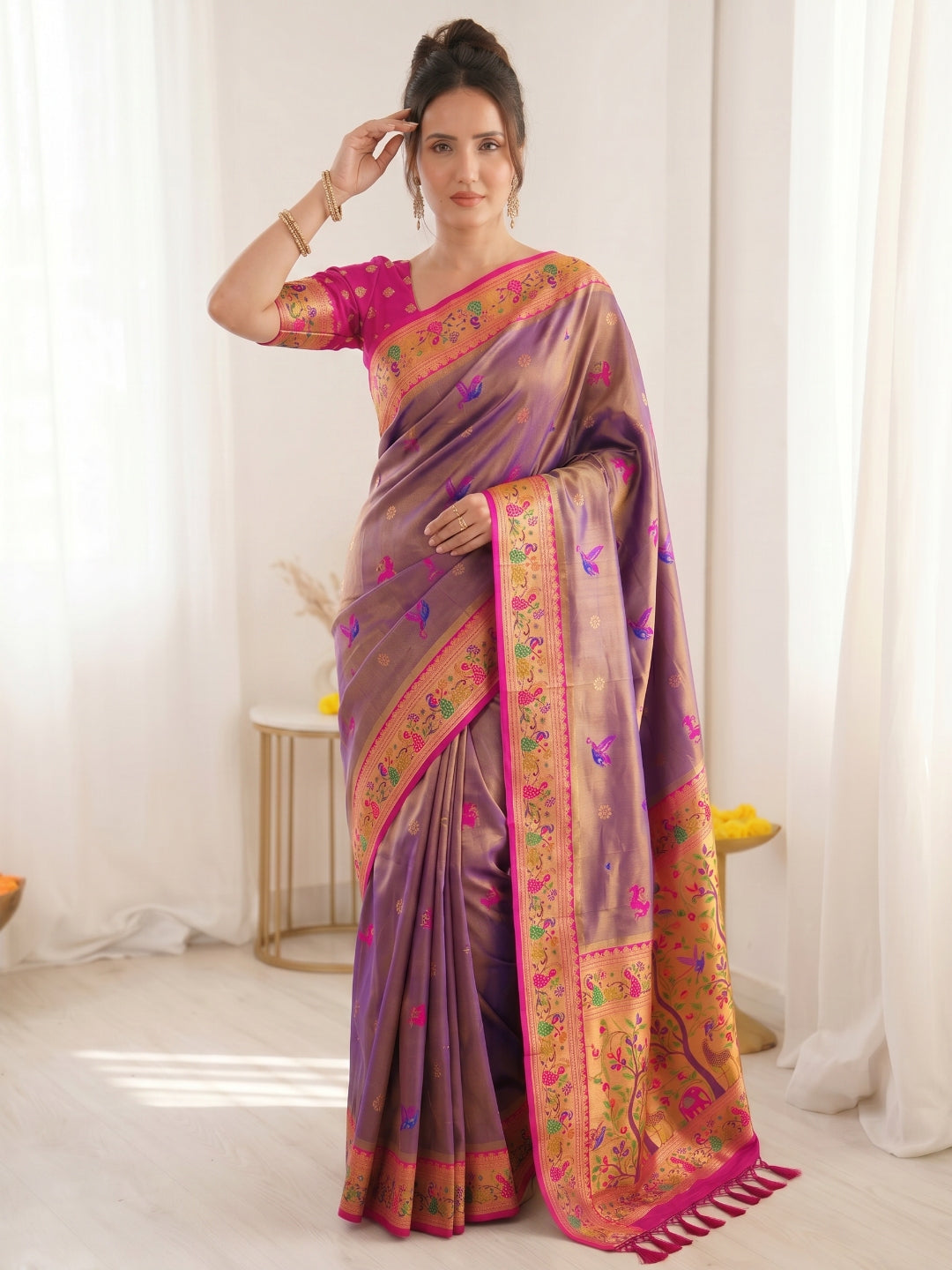 Violet Pure Soft Tissue Paithani Saree Designer Traditional Saree With Meenakari Pallu Peacock Border Zari Weaving Wedding Festive Saree