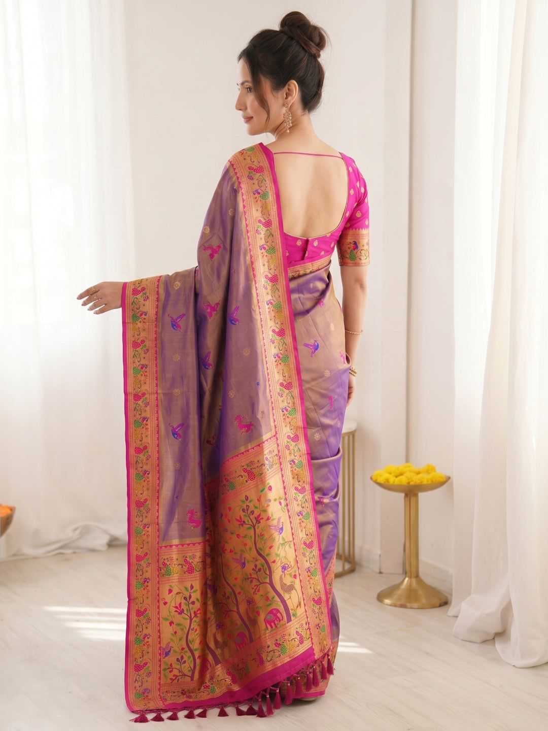 Violet Pure Soft Tissue Paithani Saree Designer Traditional Saree With Meenakari Pallu Peacock Border Zari Weaving Wedding Festive Saree