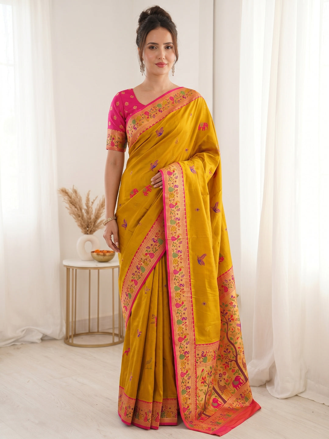 Yellow Pure Soft Tissue Paithani Saree Designer Traditional Saree With Meenakari Pallu Peacock Border Zari Weaving Wedding Festive Saree