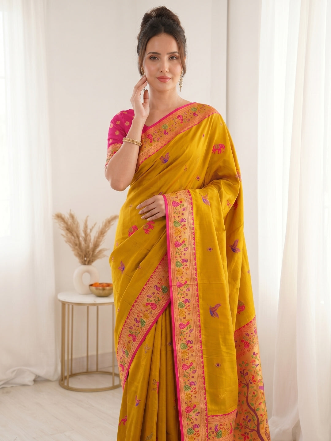 Yellow Pure Soft Tissue Paithani Saree Designer Traditional Saree With Meenakari Pallu Peacock Border Zari Weaving Wedding Festive Saree