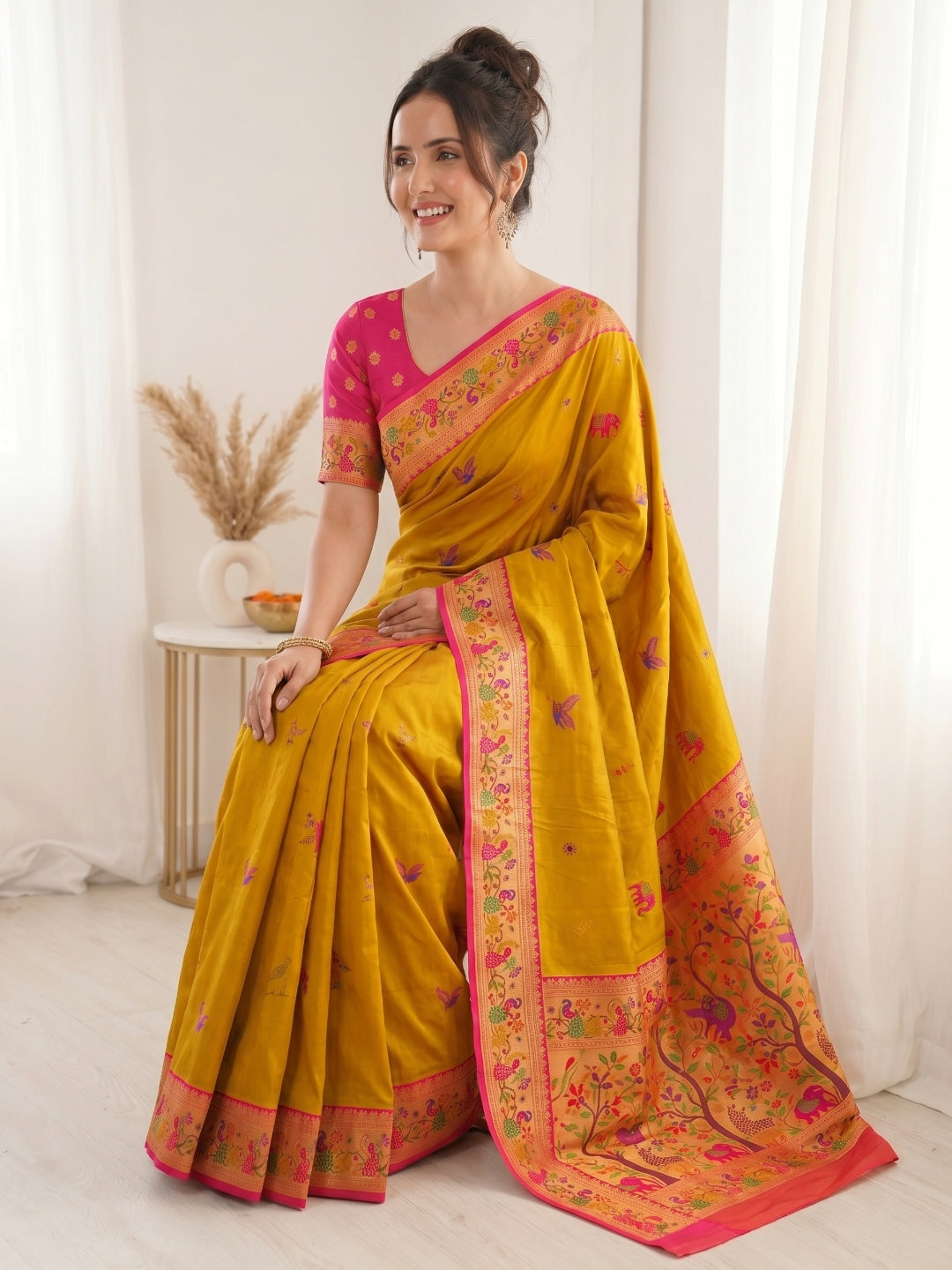 Yellow Pure Soft Tissue Paithani Saree Designer Traditional Saree With Meenakari Pallu Peacock Border Zari Weaving Wedding Festive Saree