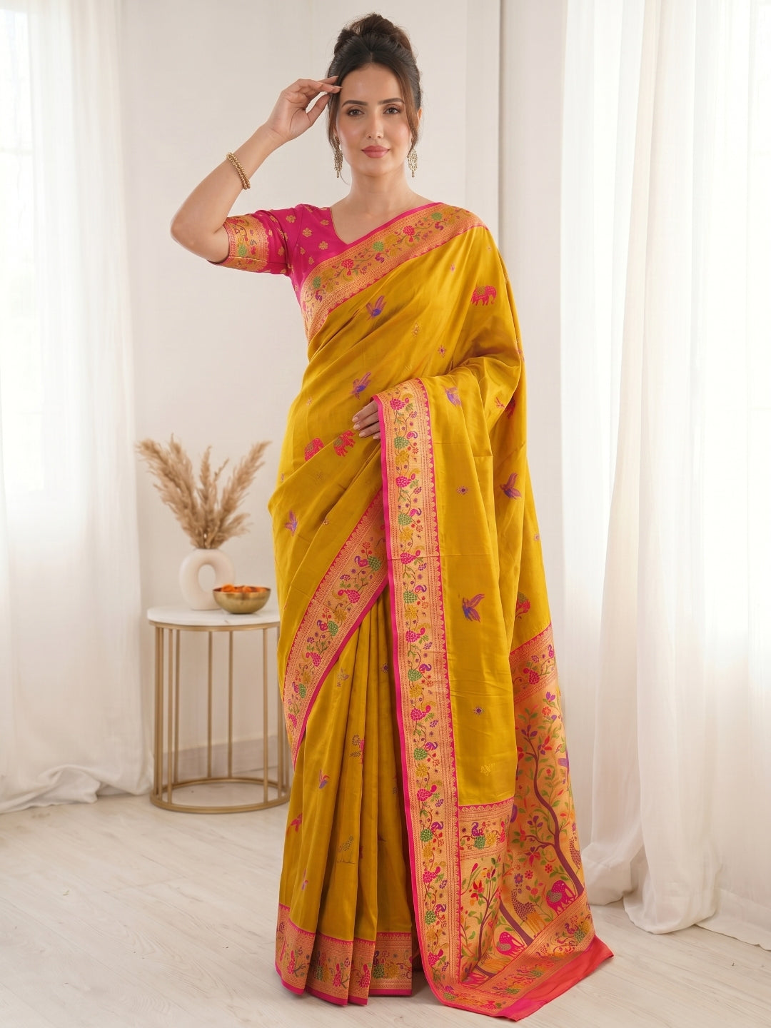 Yellow Pure Soft Tissue Paithani Saree Designer Traditional Saree With Meenakari Pallu Peacock Border Zari Weaving Wedding Festive Saree