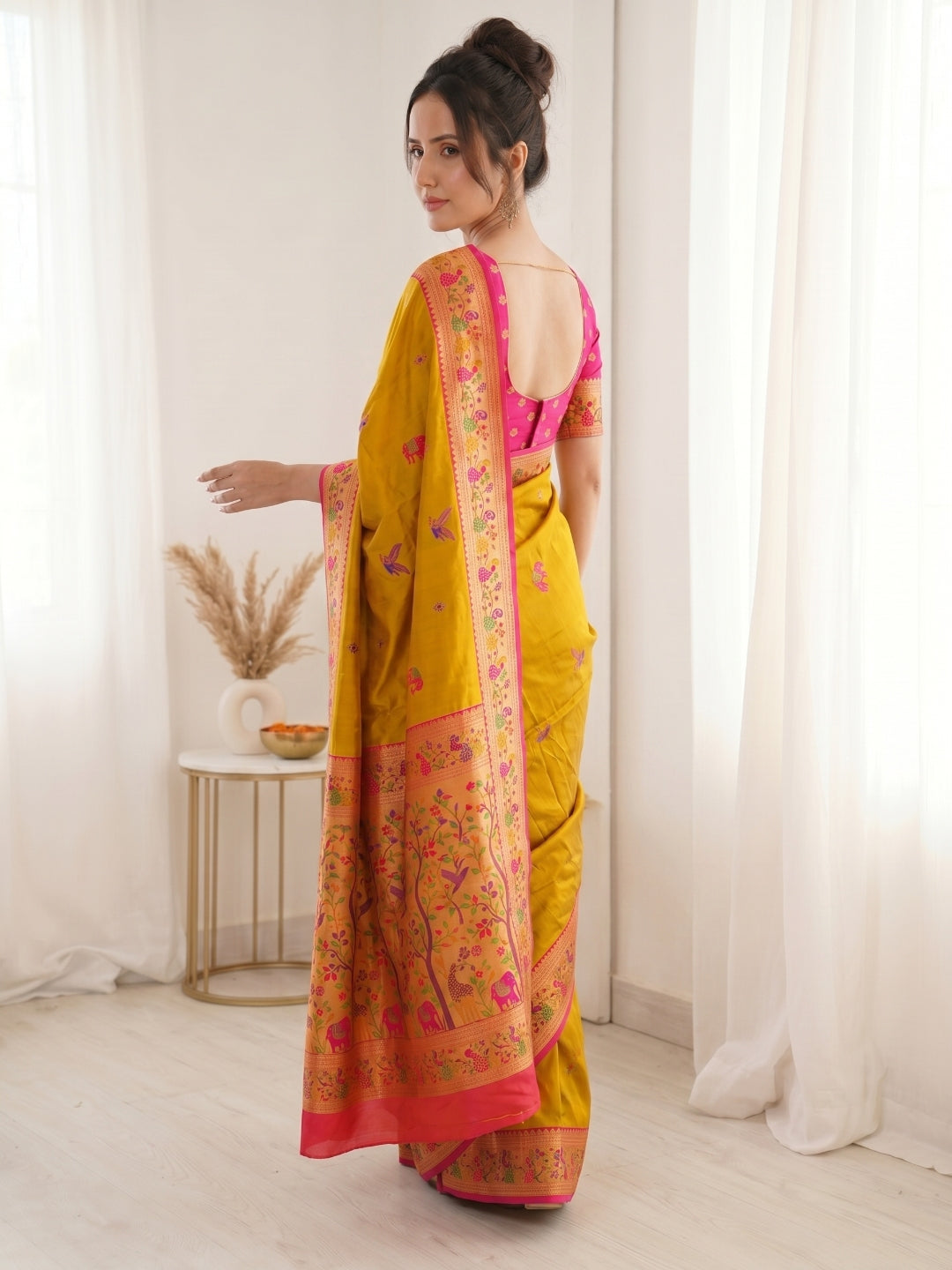 Yellow Pure Soft Tissue Paithani Saree Designer Traditional Saree With Meenakari Pallu Peacock Border Zari Weaving Wedding Festive Saree