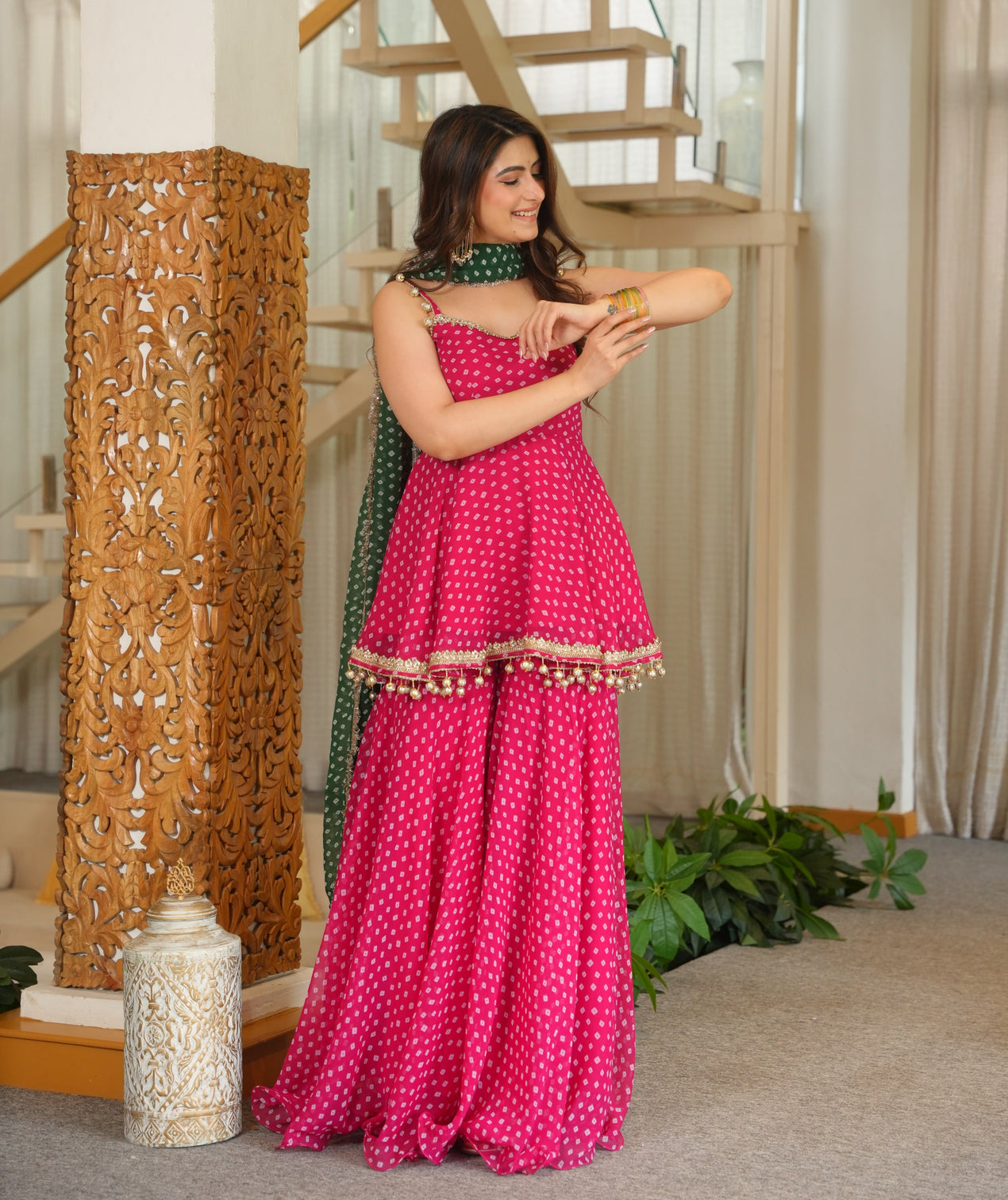 Pink georgette kurta sharara set with embroidered lace latkan detailing