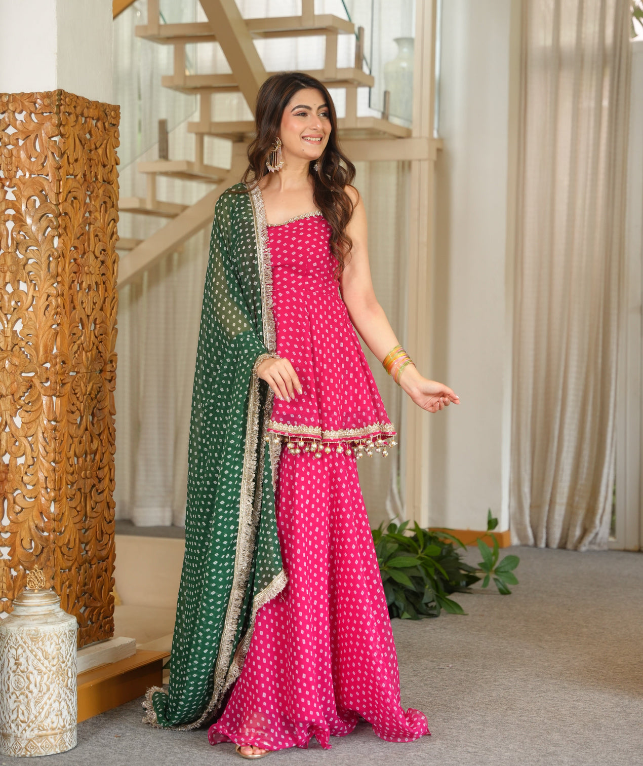 Pink georgette kurta sharara set with embroidered lace latkan detailing mameraa