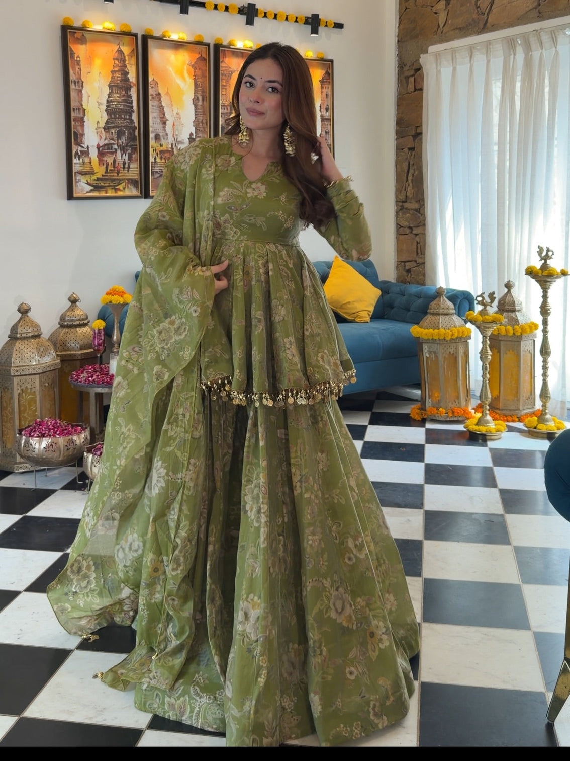 Pallavika flora cosmos organza kurta set with palazzo dupatta festive ethnic wear for women mameraa