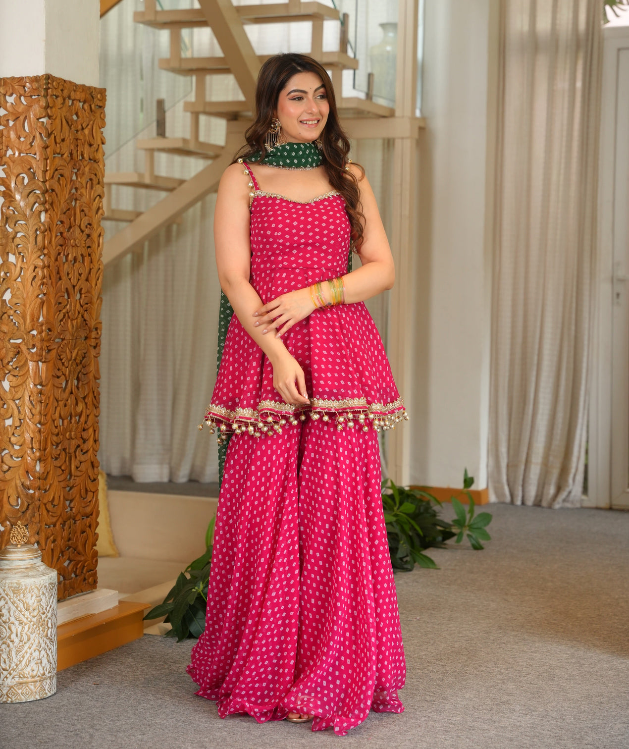 Pink georgette kurta sharara set with embroidered lace latkan detailing